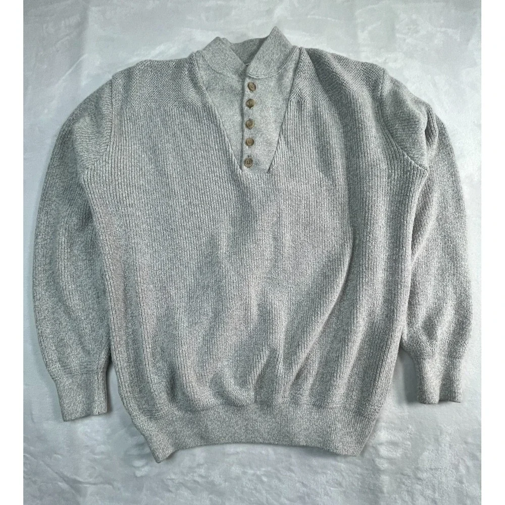VTG LL Bean Mens XL- Long Sweater Classic Henley Light Gray Cotton‎ USA Made